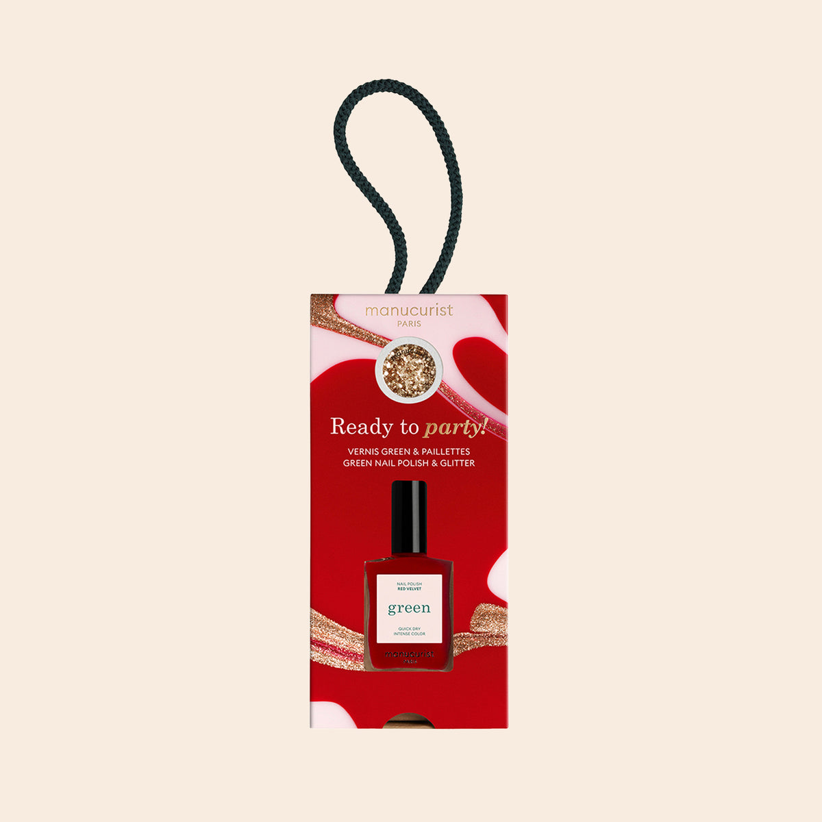 The Manucurist Ready to Party Duo includes Red Velvet nail polish and gold biodegradable glitter in festive red, white, and gold packaging with a black rope handle—a perfect holiday gift.