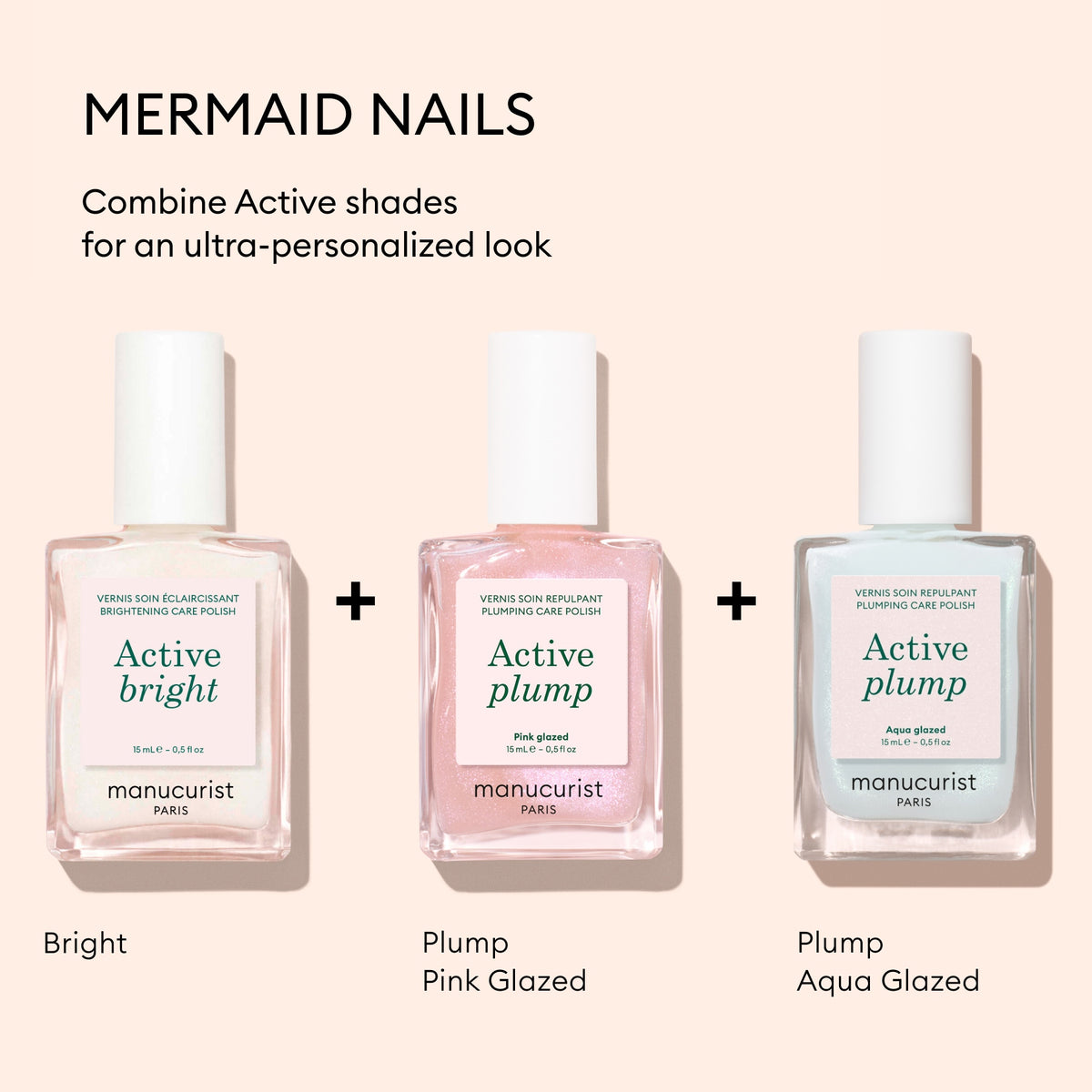 Three bottles of Manucurist Active™ Plump Aqua Glazed collagen nail polish—featuring the shades Active Bright, Active Plump Pink Glazed, and Active Plump Aqua Glazed—are displayed on a light background alongside text describing a Mermaid Nails look. This volumizing nail care range from Manucurist is formulated to help you achieve beautiful, hydrated nails with a luminous finish.