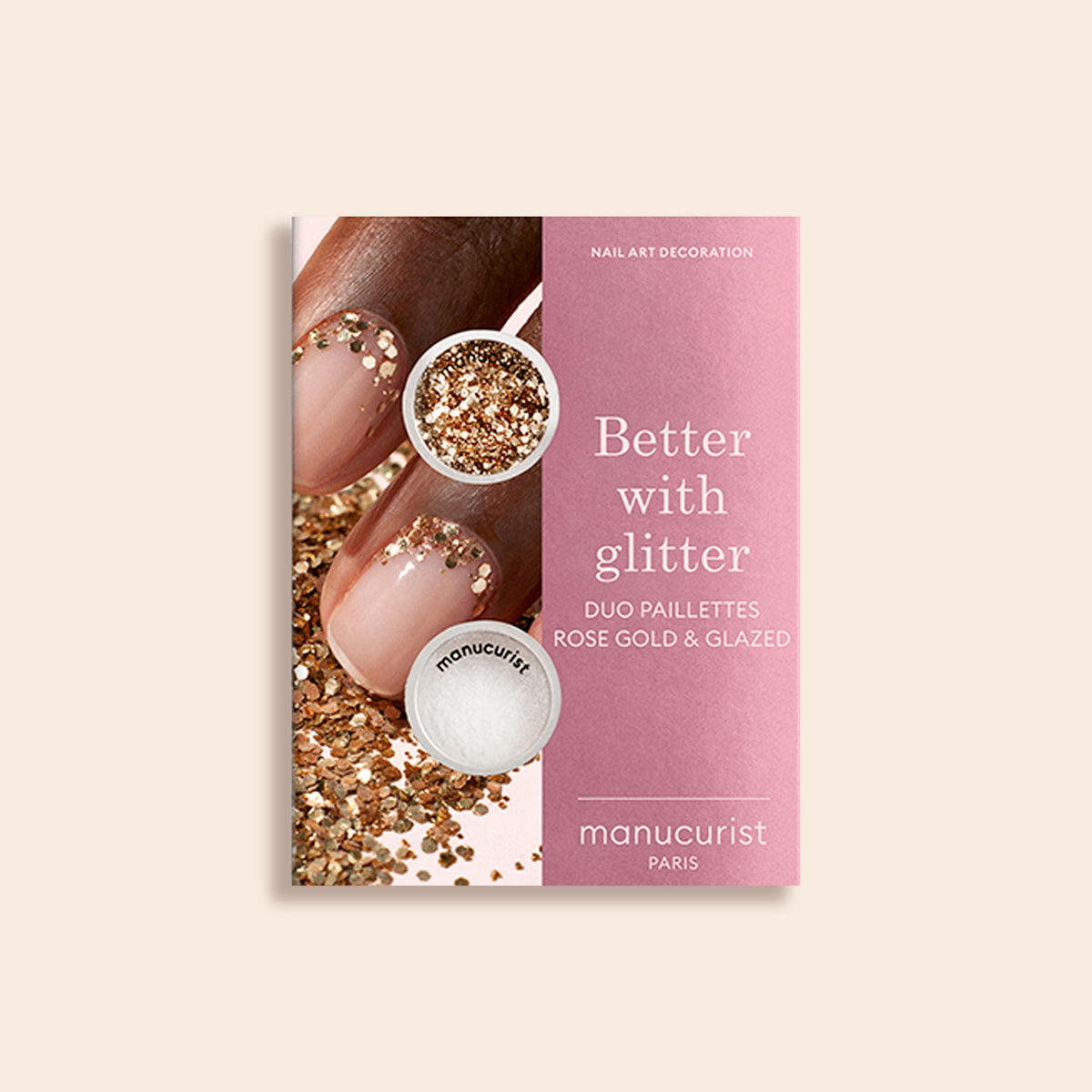 A pink and beige package from Manucurist showcases manicured nails with Glitters Duo Rose Gold Glazed, blending rose gold glitter and white glazed effect for a pearlescent shine.