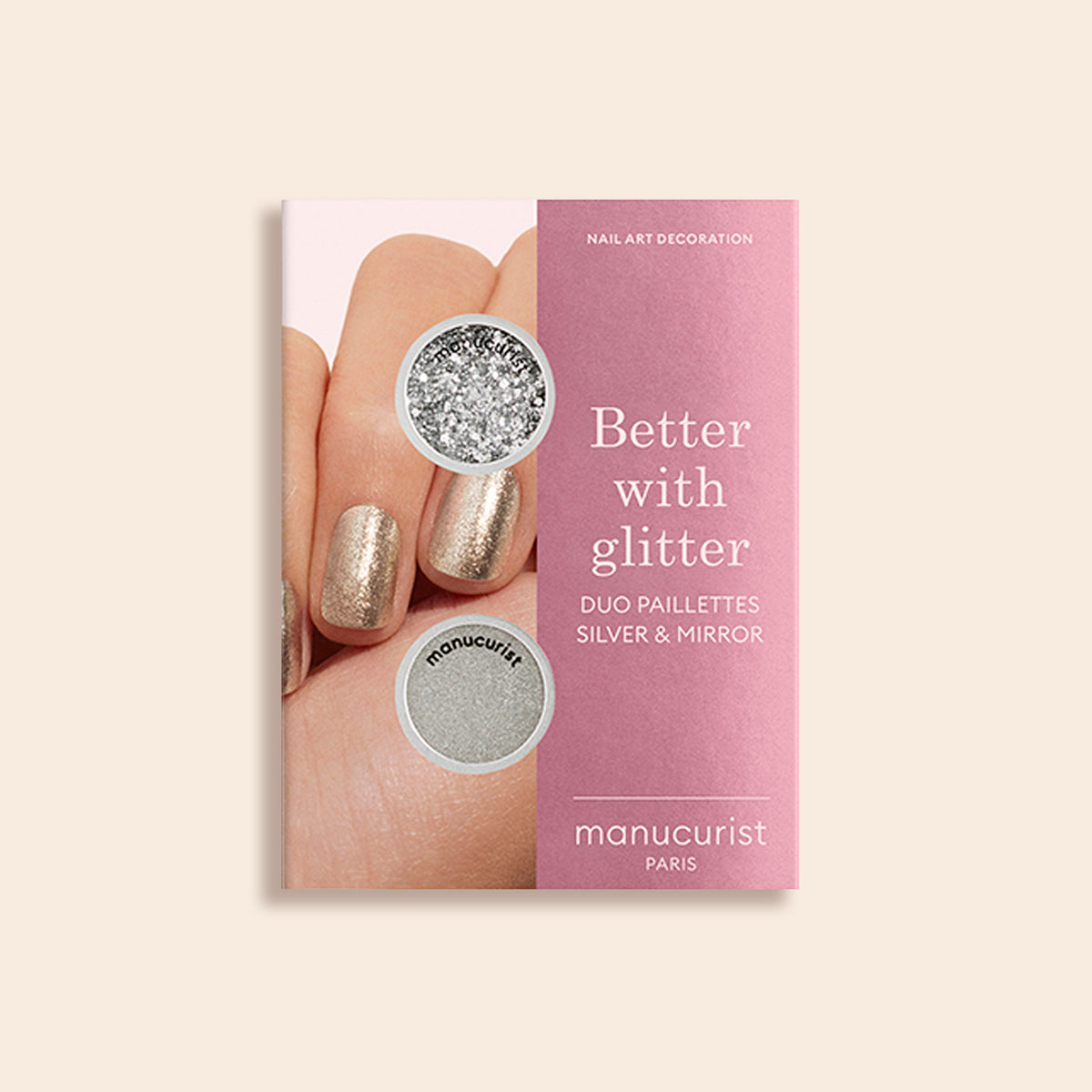 Manucurist Glitters Duo Silver Mirror nail art set includes pearlescent silver and mirror glitters. The packaging displays the glitter pots and a hand with sparkling nail polish.