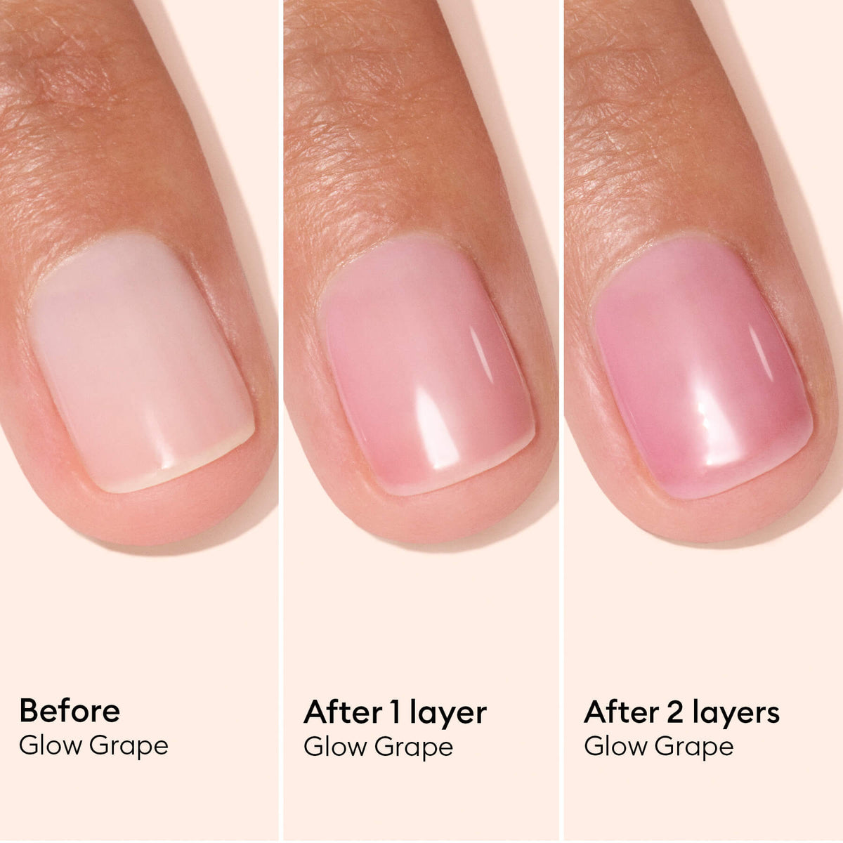 Trois gros plans d’un ongle : nu, avec une couche et avec deux couches de vernis Manucurist Active™ Glow Grape rose clair, révélant tous une couleur lilas plus intense et une brillance naturelle. Des légendes mettent en avant chaque étape pour vous inspirer facilement dans votre routine de soin des ongles.