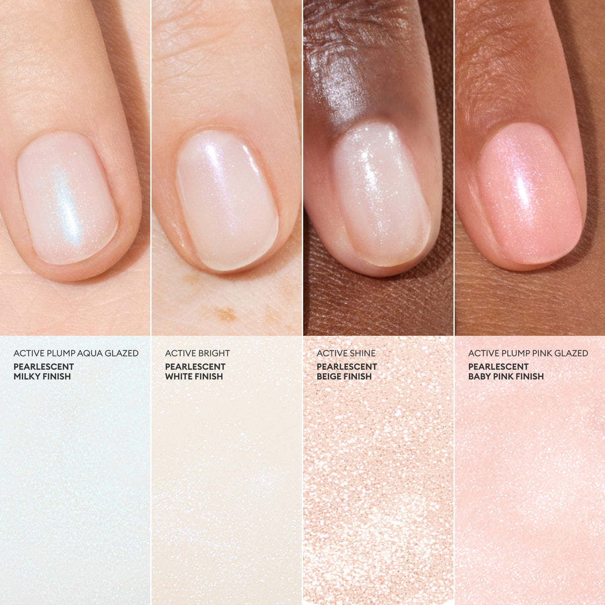 Four close-up images of fingernails, each painted with a different pearlescent, milky, or pink finish using Manucurist’s plant-based Active™ Shine Opal nail polish. Displayed on various skin tones, swatches of each shade are shown below the nails—emphasizing both style and nail strengthening care.