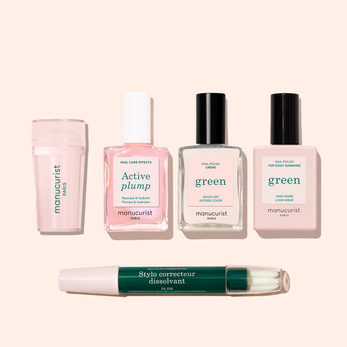 Five Manucurist French Active™ Kit essentials—nail polish remover, cuticle serum, two clear polishes, and a green pen-style corrector—are displayed on a light background, perfect for achieving flawless French tips.