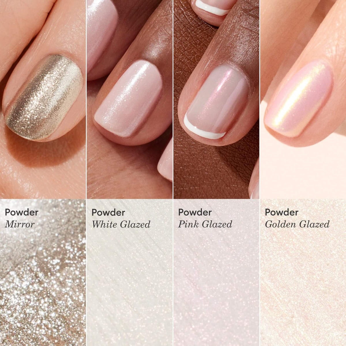 Gros plan de quatre ongles manucurés, présentant la White Glazed Effect Powder de Manucurist, ainsi que des finis miroir métallisé, rose glacé et doré glacé — chacun associé à des échantillons de poudre scintillante pour une brillance nacrée et lumineuse.
