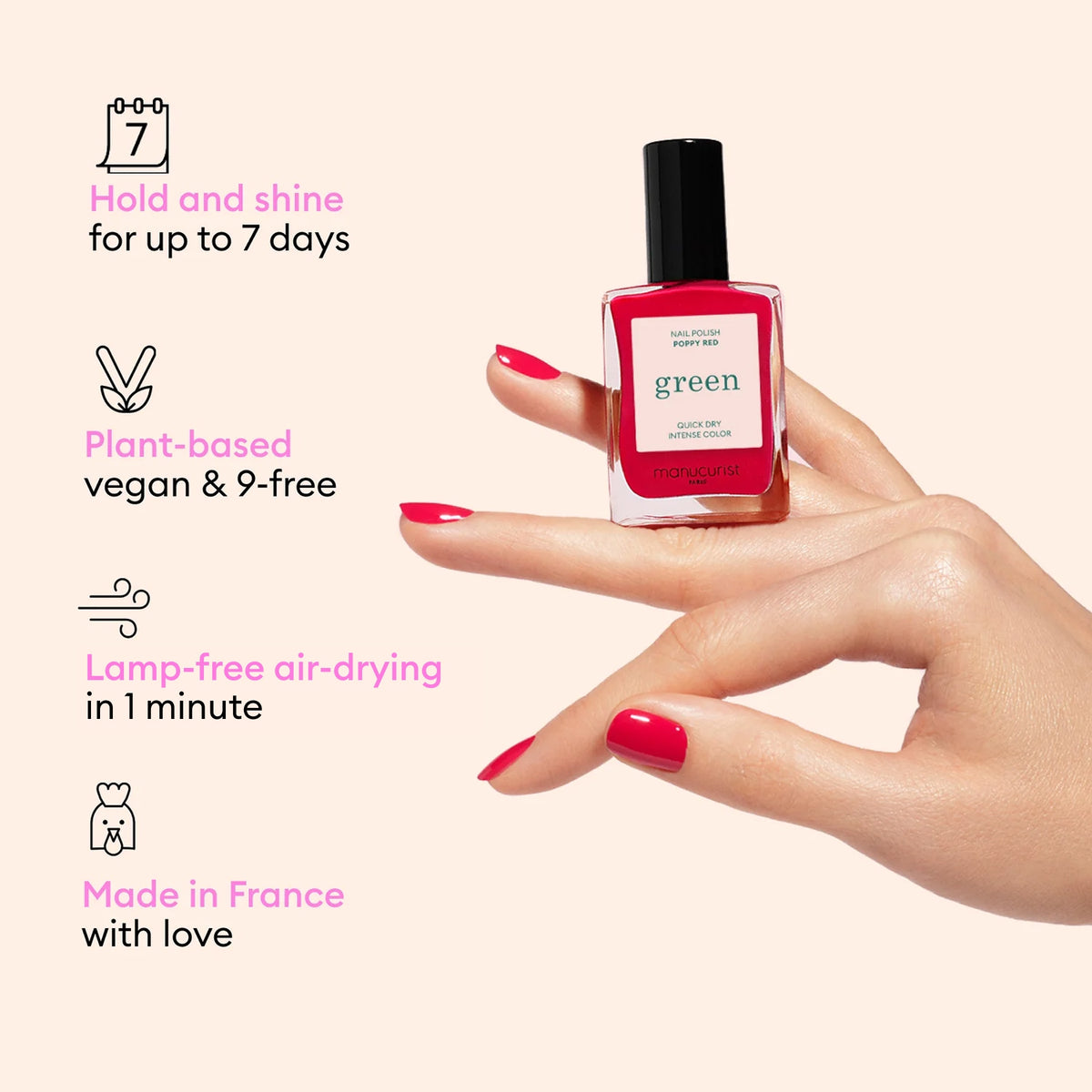 Une main aux ongles peints en rouge tient le Starter Kit Manucurist US : tenue jusqu’à 7 jours, brillance, formule vegan d’origine végétale, effet gel pour une manucure facile à réaliser chez soi, séchage à l’air libre en 1 min — sans lampe. Fabriqué en France avec amour.