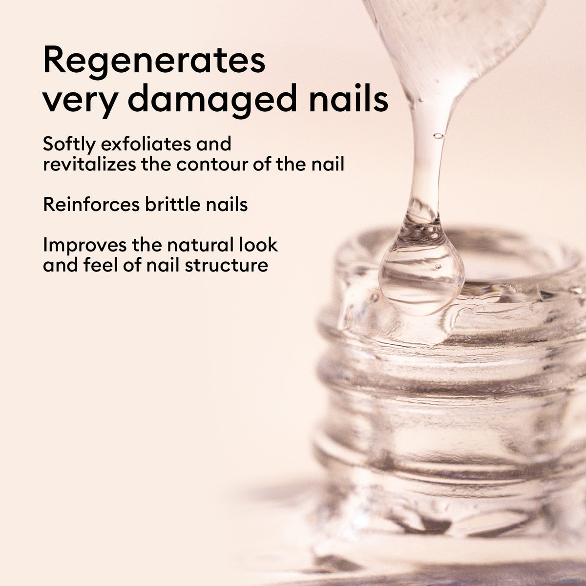 Close-up of S.O.S. Nail Strengthener by Manucurist being dispensed into an open bottle. Text reads: Regenerates very damaged nails, exfoliates, reinforces, and improves appearance—ideal for brittle nails.