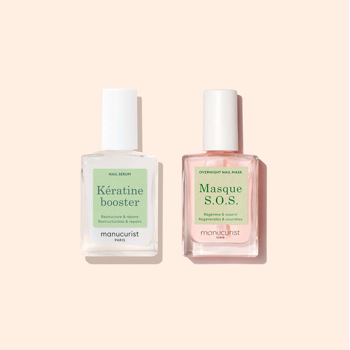 Two nail care bottles from Manucurist on a light beige background: Nail Strengthening Serum and Masque S.O.S. with pink liquid—ideal for restoring and strengthening damaged nails.