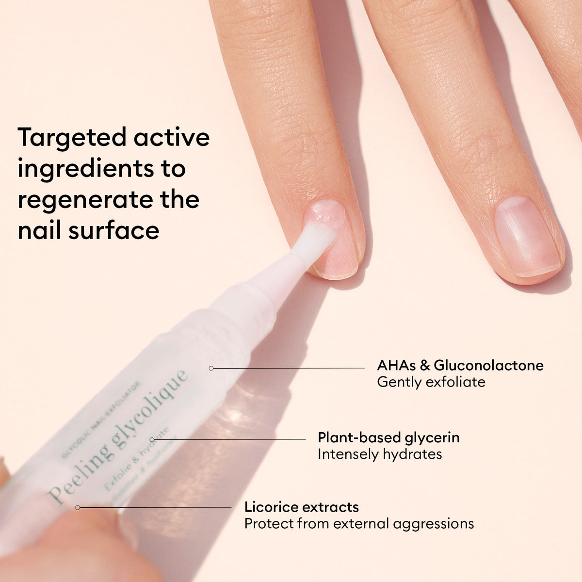 A hand applies Manucurist Prep Glow Routine treatment onto a fingernail, featuring AHAs, gluconolactone, plant-based glycerin, and licorice extracts for exfoliation, hydration, and brightening as part of nail care.