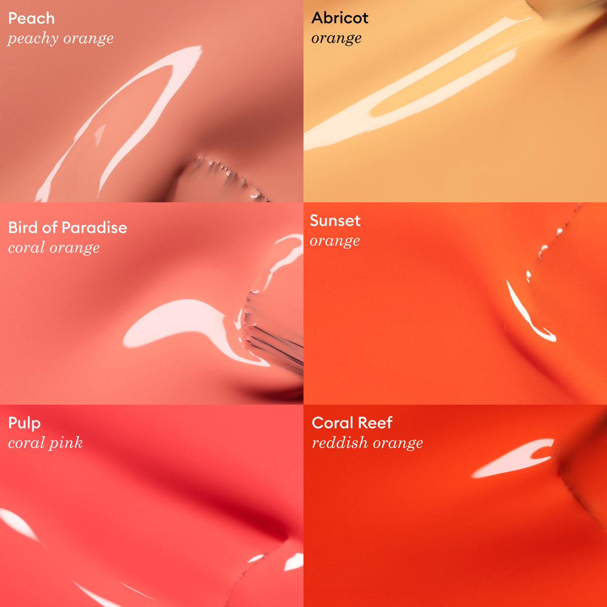 Six nuanciers en gros plan de vernis à ongles orange et corail brillants de Manucurist, dont Pulp, une teinte vibrante, chacun étiqueté Peach, Apricot, Bird of Paradise, Sunset, Pulp et Coral Reef avec des descriptions de couleurs.