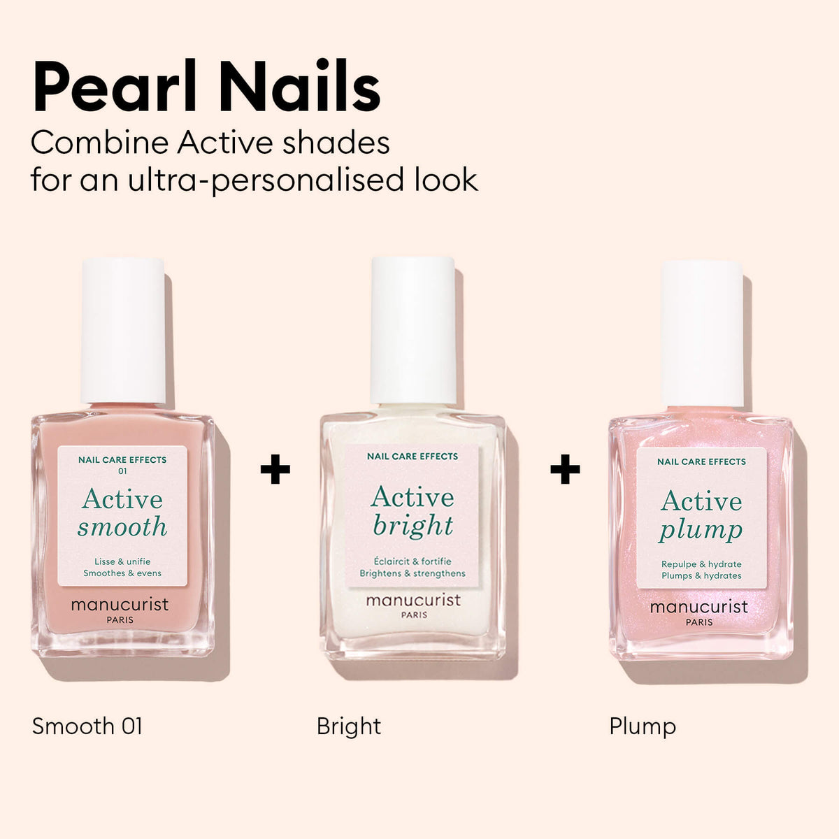 Three Manucurist nail polish bottles labeled Active™ Smooth 01, Active Bright, and Active Plump are displayed side by side against a light background, showcasing the benefits of CC Polish Treatment for plant-based nail care. The text encourages mixing shades to create personalized pearl nails.