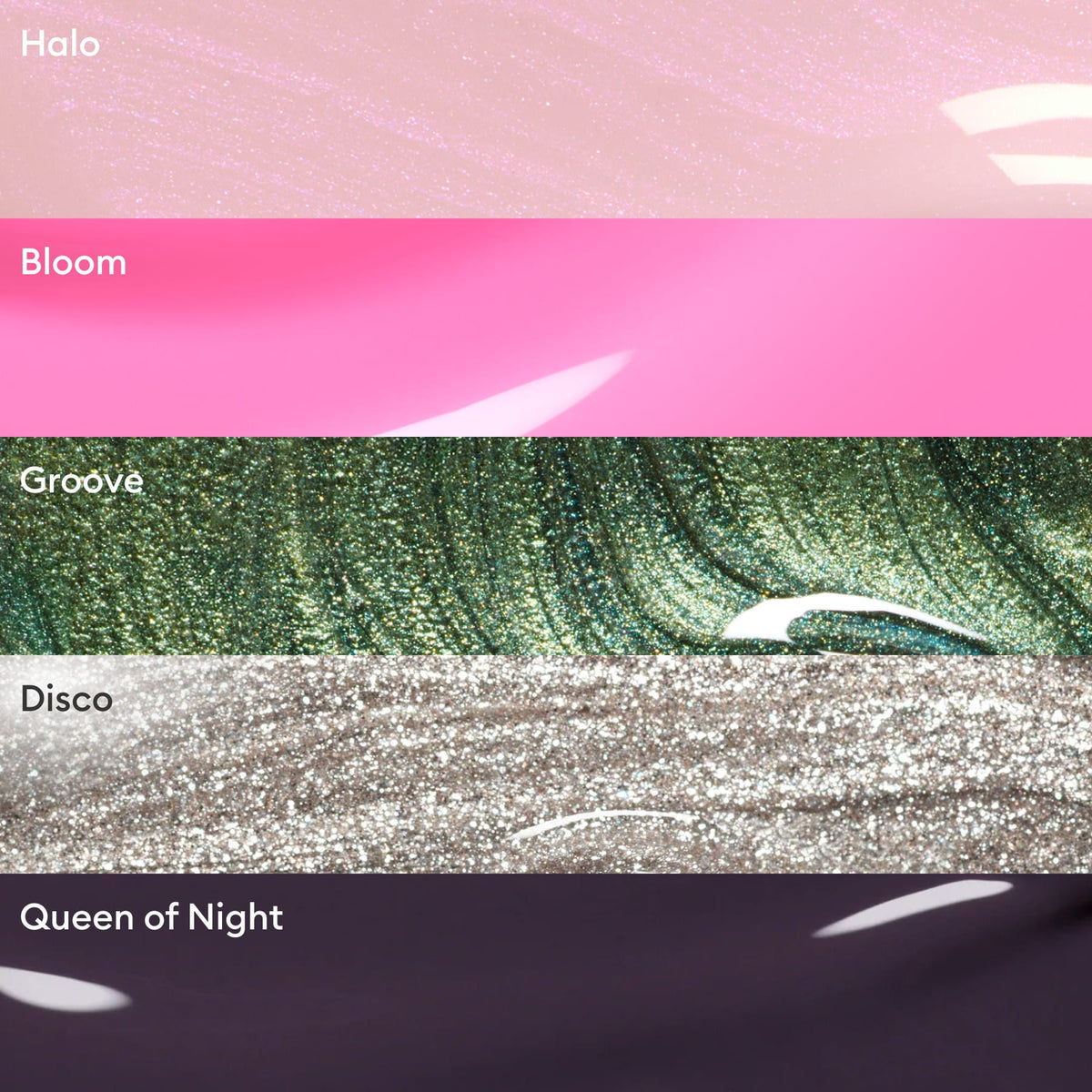 Cinq swatches horizontaux des collections de couleurs sélectionnées de Manucurist : Halo (rose clair scintillant), Bloom (rose vif), Groove (vert scintillant), Disco (paillettes argentées) et Queen of Night (violet profond) — pour des manucures tendance qui se démarquent.