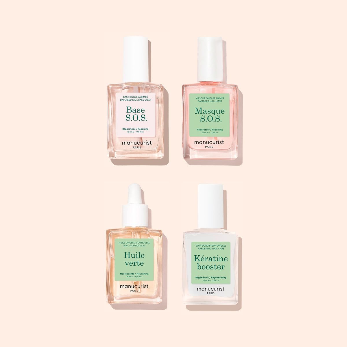Quatre flacons de soins pour manucure du set Basic Routine – Damaged Nails de Manucurist, disposés en carré sur un fond beige clair, parfaits pour réparer et renforcer les ongles. Les étiquettes indiquent : Base S.O.S., Masque S.O.S., Huile verte et Kératine booster. Les flacons transparents présentent des étiquettes vertes et roses — un set idéal pour aider à restaurer les ongles cassants.