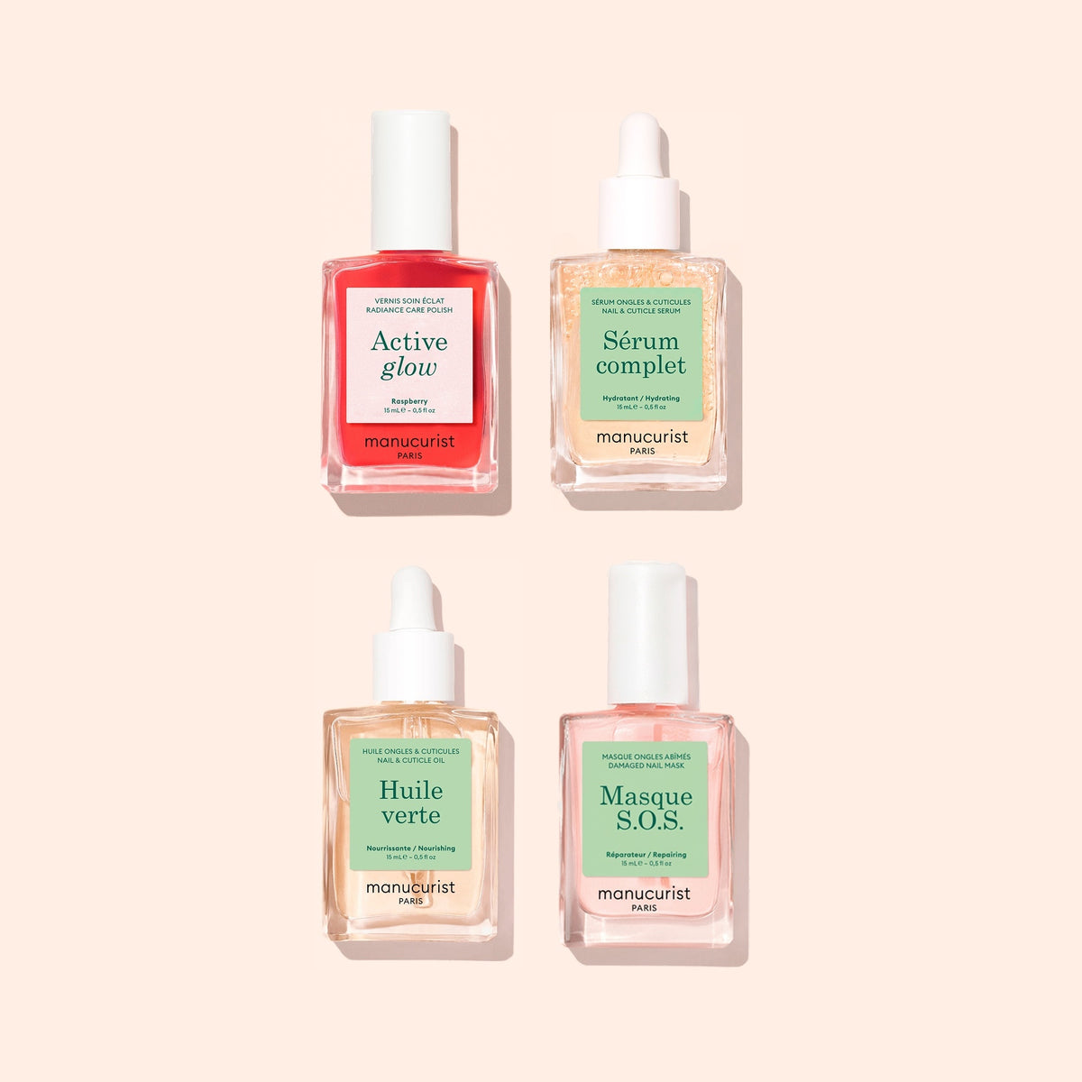 Quatre flacons de produits de manucure de la collection Routine Basique - Ongles Sensibles de Manucurist, aux étiquettes colorées, sont disposés en grille sur un fond beige clair. Conçu pour un soin optimal des ongles, ce coffret comprend Active Glow, Sérum Complet, Huile Verte et Masque S.O.S.—parfait pour hydrater les ongles sensibles ou leur offrir un soin réparateur complet.