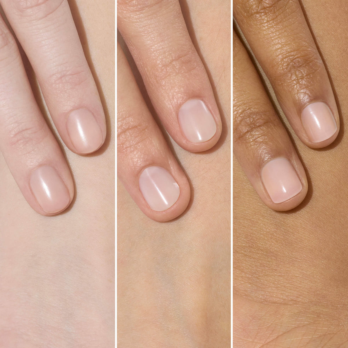 Three hands with neatly manicured nails painted in Active™ Smooth 00 by Manucurist are shown, each hand representing a different skin tone. Highlighting the versatility of this plant-based nail polish, the image is divided into three vertical sections for comparison.