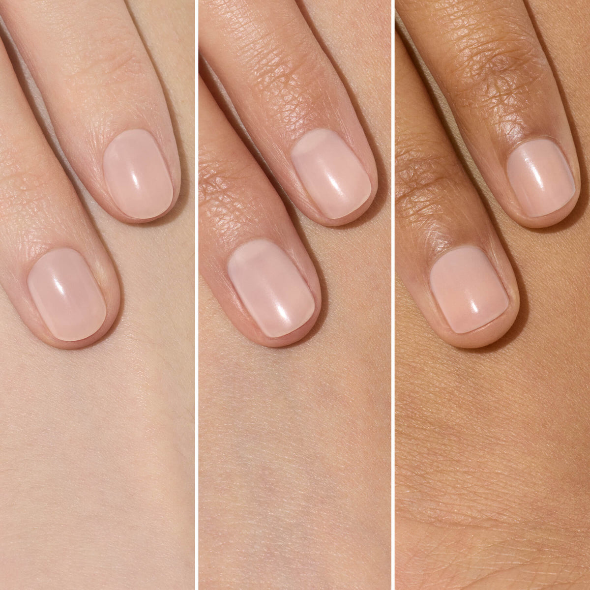 Trois mains aux carnations différentes, affichant chacune des ongles impeccablement manucurés et vernis d&