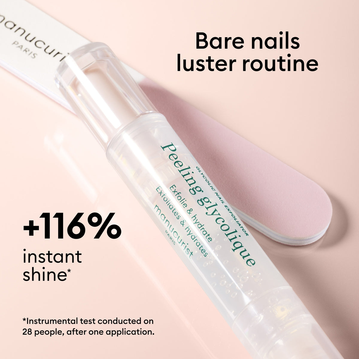 A close-up of the Manucurist Prep Glow Routine nail care pen with a pink file on beige background. Text: Bare nails luster routine, part of the ultimate glossy nail care, +116% instant shine (instrumental test).