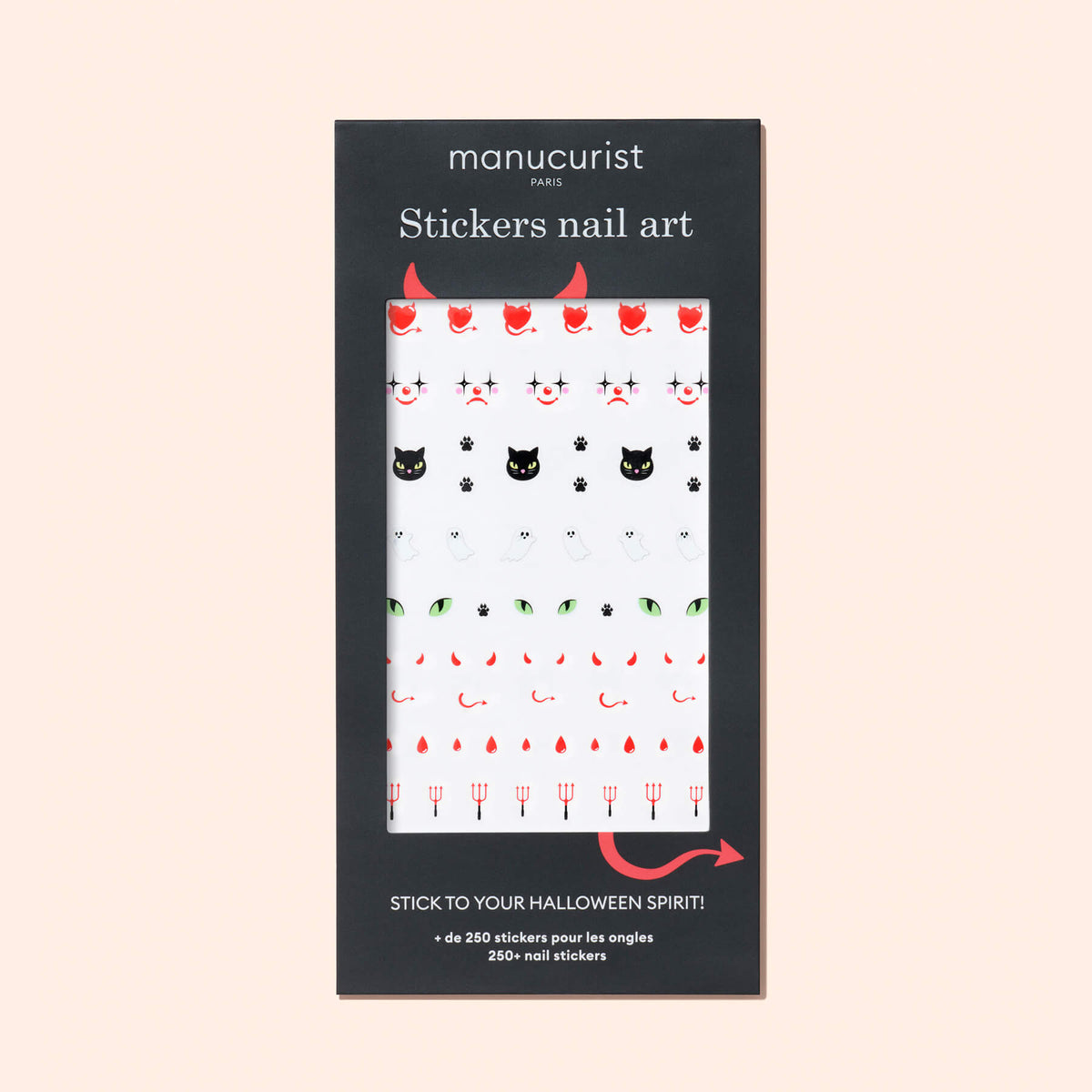 Manucurist Halloween Nail Art Stickers feature spooky designs like black cats, devil horns, pitchforks, and bloody drips on a white background—perfect for festive Halloween manicures.