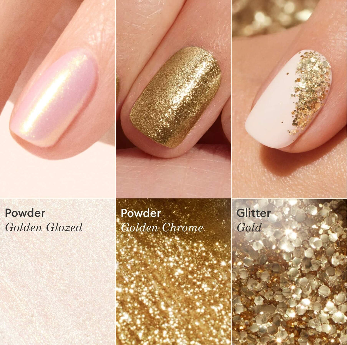 Gros plan de trois ongles avec des motifs en gel doré — glaçage nacré, chrome métallique et pointes blanches pailletées d’or — réalisés avec les trios de Glitters et de poudres à effets de Manucurist. Les poudres à effets assorties sont présentées sous chaque ongle.