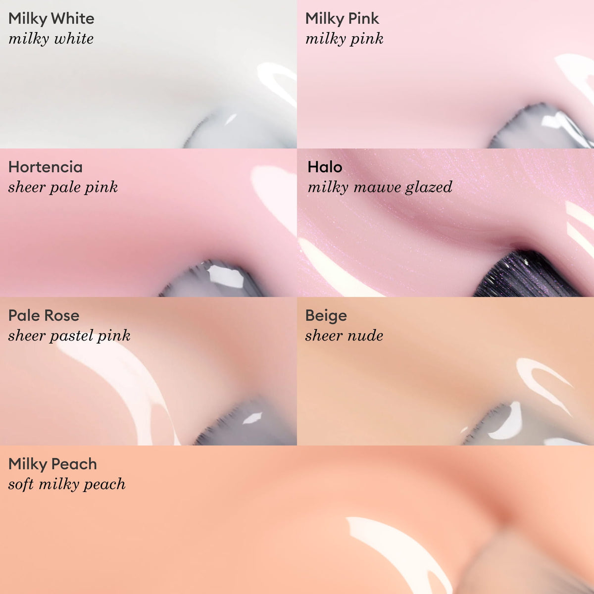 Six close-up nail polish swatches labeled Milky White, Milky Pink, Pale Rose, Hortencia, Beige, and Halo display subtle variations in sheer white, pink, nude, rose, and mauve tones—including Manucurist’s Milky Peach nail polish for a softly elegant and modern take on classic neutrals.