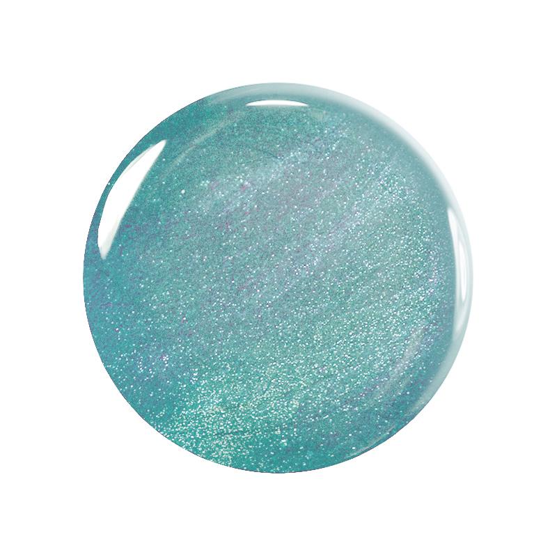 A close-up of the Manucurist "You Me Under the Sea Green Set" shows its round, shiny teal-blue surface with fine glitter and light reflections, evoking aquatic shades and a shimmery water-inspired look.