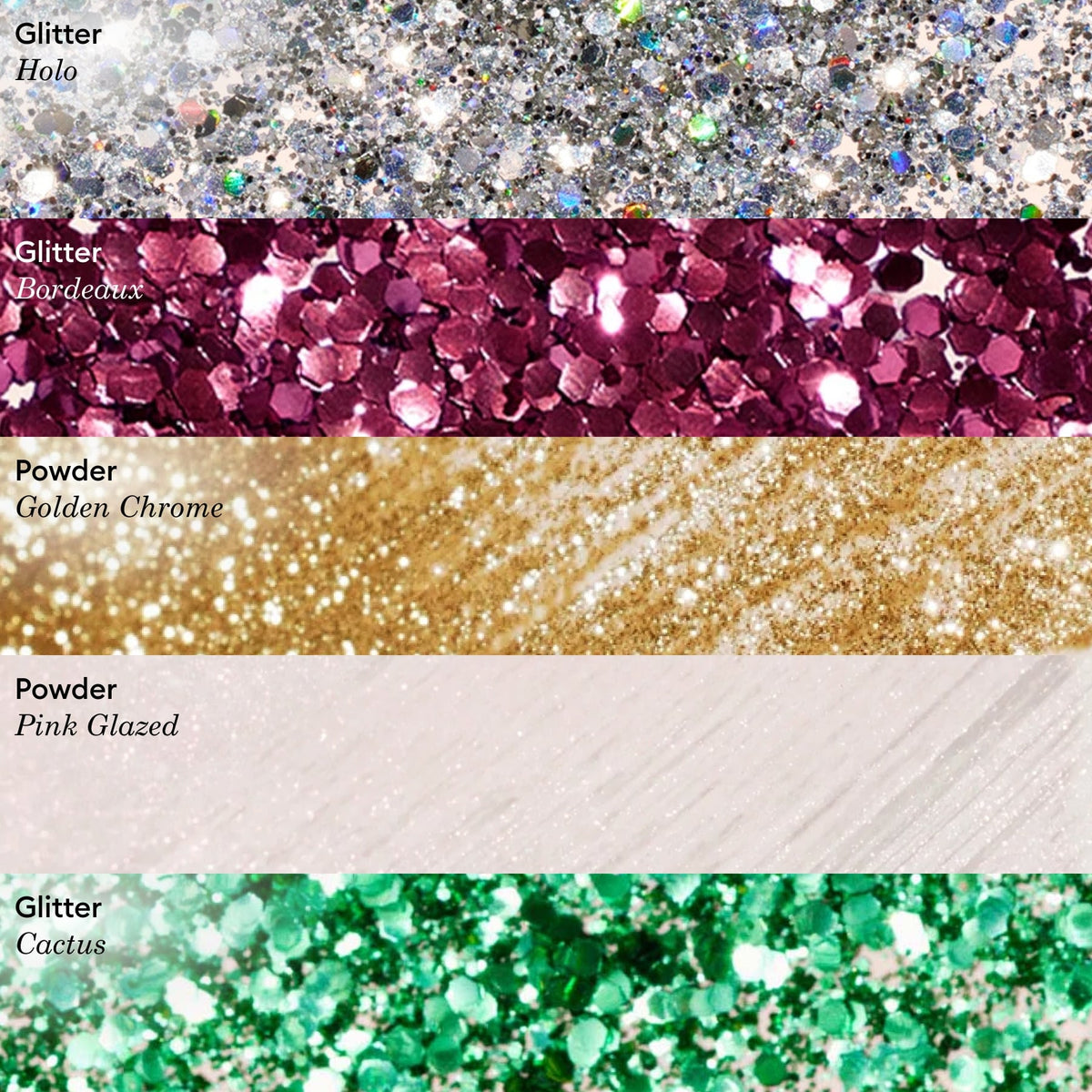 Five swatches—holographic silver, deep burgundy Bordeaux Biodegradable Glitter by Manucurist, golden chrome, soft pink glazed, and vibrant green cactus—each labeled by type/name. Features biodegradable glitter for eco-friendly nail lacquer looks.