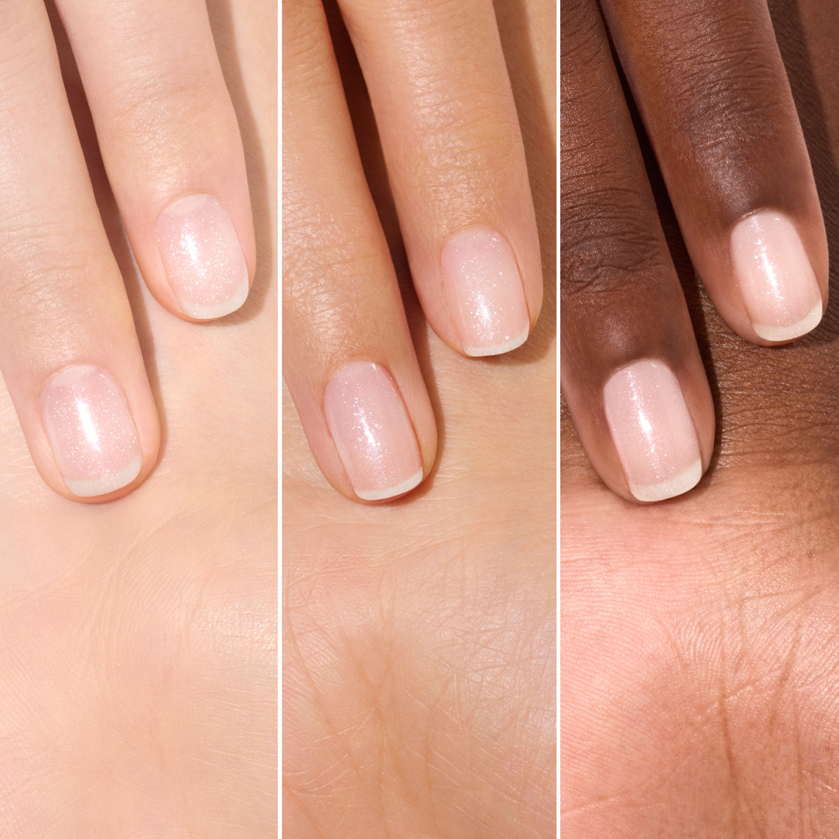 Three hands with different skin tones, each displaying nails painted with Manucurist’s Active™ Shine Icy—an illuminating sheer, shimmery pale pink polish. The image is divided into three vertical sections, showcasing how the luminous effect of this nail color beautifully complements a range of skin tones—a glowing tribute to inclusive nail care.