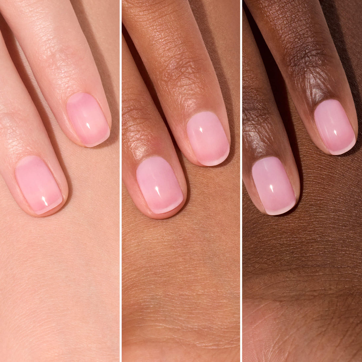 Trois mains aux différentes carnations dévoilent des ongles soigneusement manucurés, chacun arborant une brillance naturelle et sublimé par la teinte rose douce d&