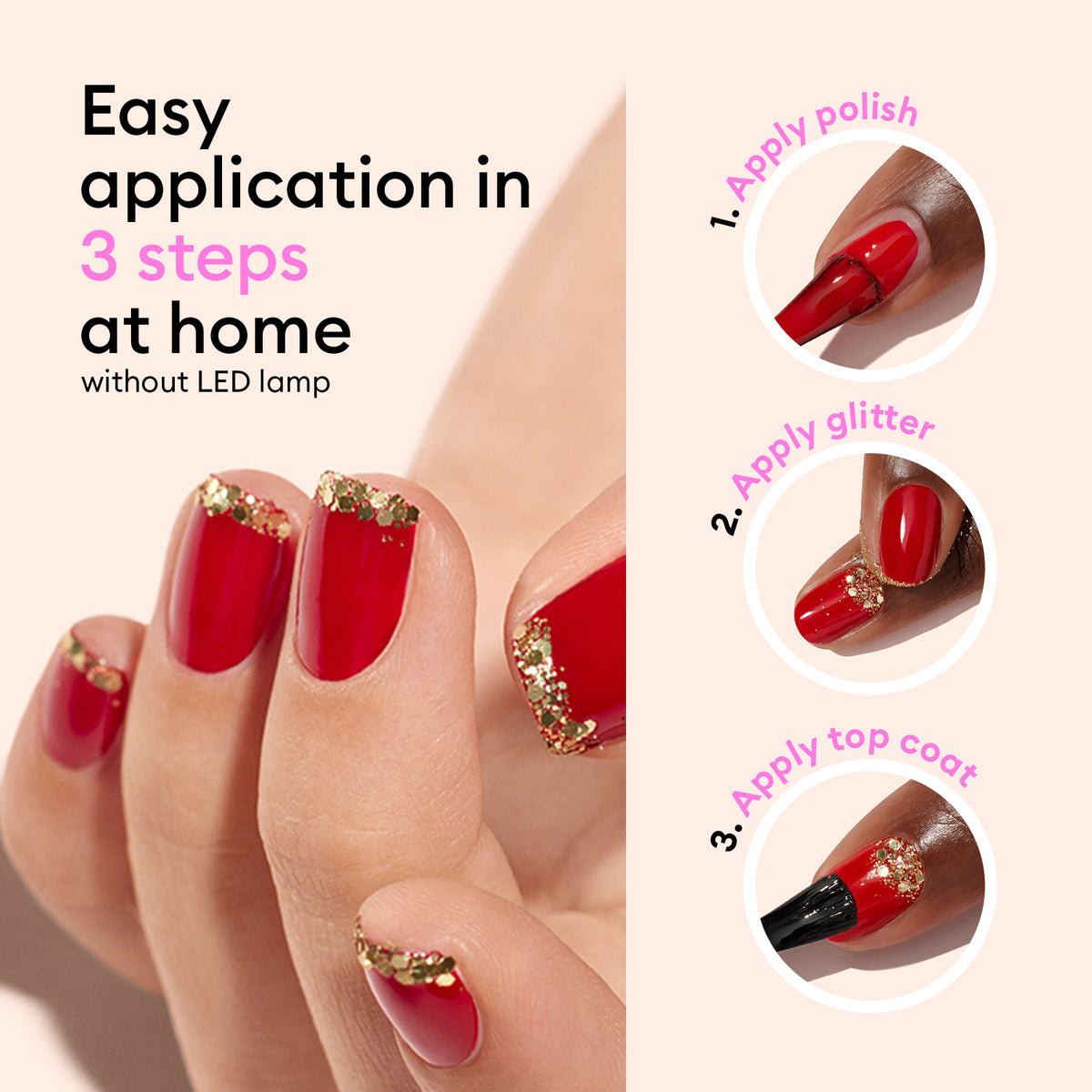 Close-up of a hand wearing Manucurist’s Ready to Party Duo: Red Velvet polish with gold biodegradable glitter tips. Circular images show the easy three-step at-home application—perfect holiday gift for any glitter lover.