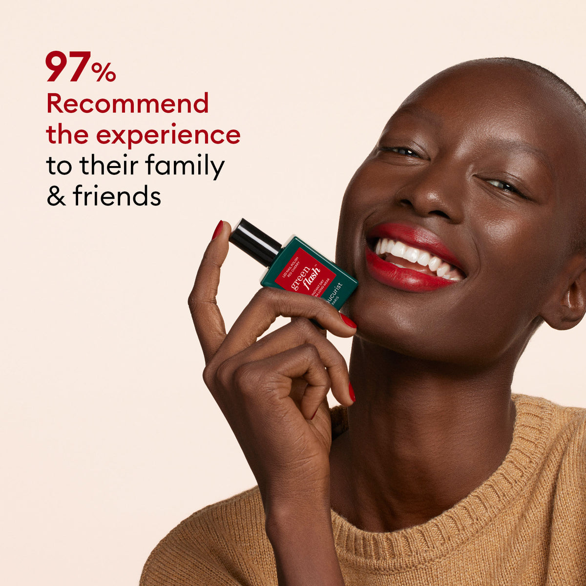 A smiling person with dark skin and red lipstick holds a Manucurist Gift Set near their face, next to an LED travel lamp. Red text on beige reads, "97% recommend the experience to family friends.