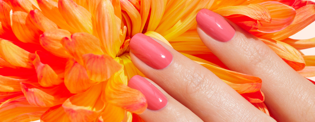 A close-up of a hand with shiny pink nail polish resting on the vibrant orange and yellow petals of a flower.