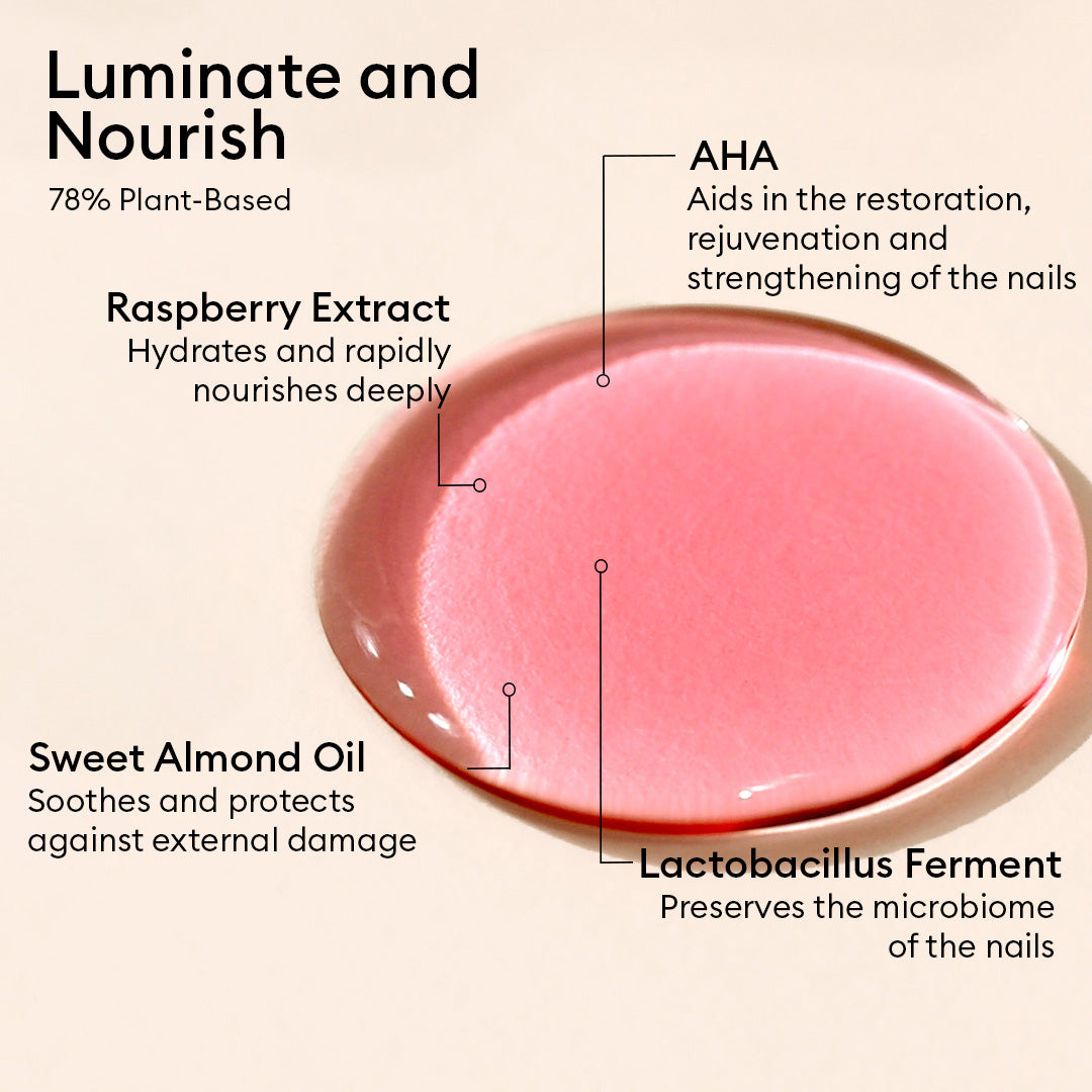 Manucurist’s Healthy Glow Duo features a pink liquid enriched with raspberry extract for hydration, sweet almond oil for protection, AHA to restore nails, and lactobacillus ferment for microbiome care—the perfect nourishing cuticle oil.