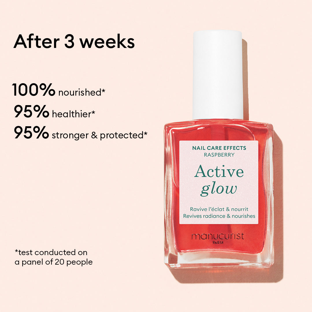 A bottle of Manucurist French Manicure Glow is shown with text: After 3 weeks, nails are 100% nourished, 95% healthier, and 95% stronger  protected (test on 20 people). Get a gel-like shine perfect for French manicures.