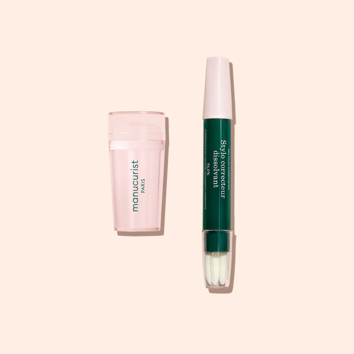 A Mani stamper from Manucurist US and a green-and-white dual-tip pen, ideal for perfect French tips, are displayed side by side on a beige background.