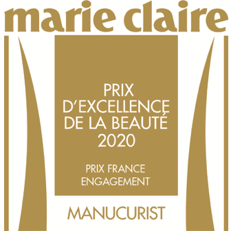 Gold and white award plaque with the marie claire logo at the top, reading: Prix d’Excellence de la Beauté 2020, Prix France Engagement, Manucurist.