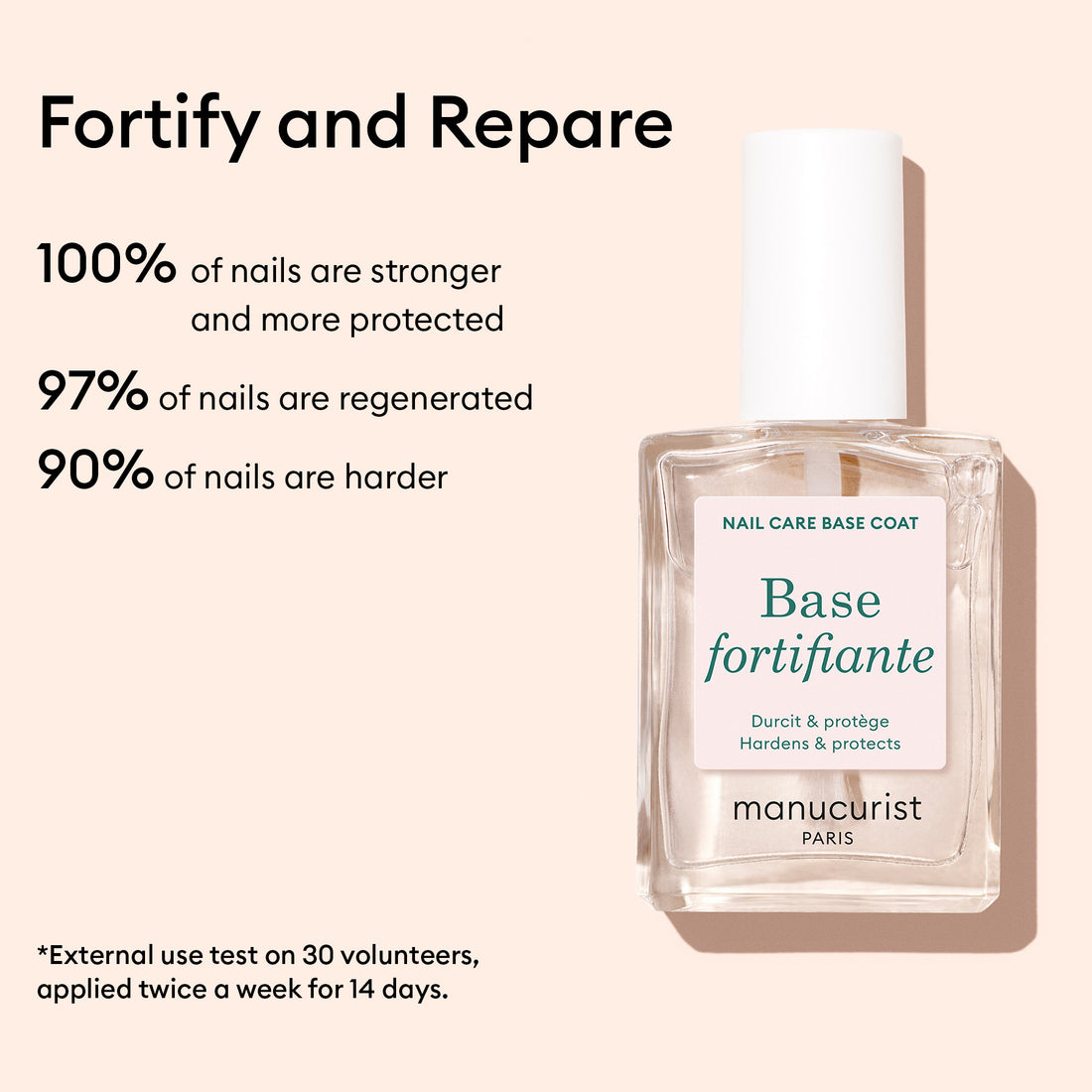 A clear bottle of Manucurist Force Nail Hardener appears on a beige background, featuring text that highlights stronger, protected, regenerated, and harder nails in 14 days.