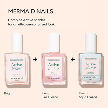 Three bottles of Manucurist Active™ Plump Aqua Glazed collagen nail polish—featuring the shades Active Bright, Active Plump Pink Glazed, and Active Plump Aqua Glazed—are displayed on a light background alongside text describing a Mermaid Nails look. This volumizing nail care range from Manucurist is formulated to help you achieve beautiful, hydrated nails with a luminous finish.