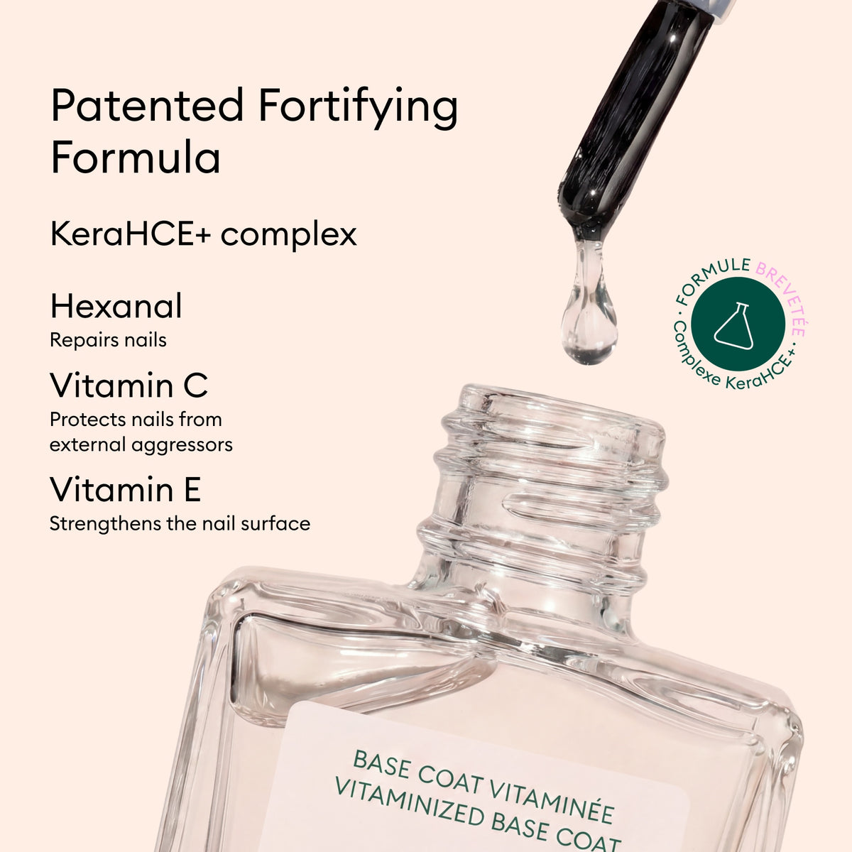 A dropper dispenses liquid into an open Manucurist Vitaminized Base Coat Green™ bottle labeled “VITAMINIZED BASE COAT.” Text highlights ingredients: Hexanal, Vitamin C, and Vitamin E, and mentions the patented KeraHCE+ technology, which strengthens nails and provides advanced protection.