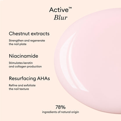Sur fond rose apparaissent le nom du produit, Active™ Blur de Manucurist, ainsi qu&