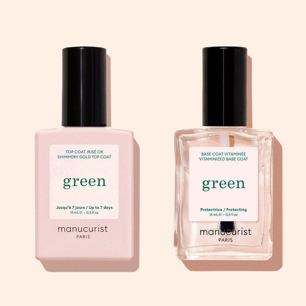 Two bottles of Manucurist nail products on a light beige background. The left bottle is opaque pink labeled Glitter Top Coat with a gel-like finish; the right is a clear Base Coat. Both bottles have black caps.