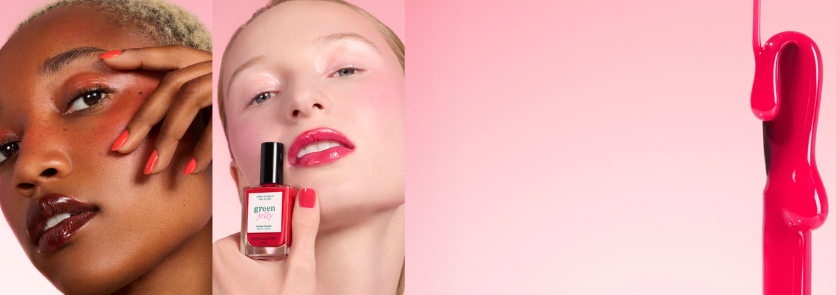 Two people with glossy, pink-toned makeup and nails pose with a bottle of pink nail polish labeled green jelly. Bright pink nail polish drips on the right side over a pink background.