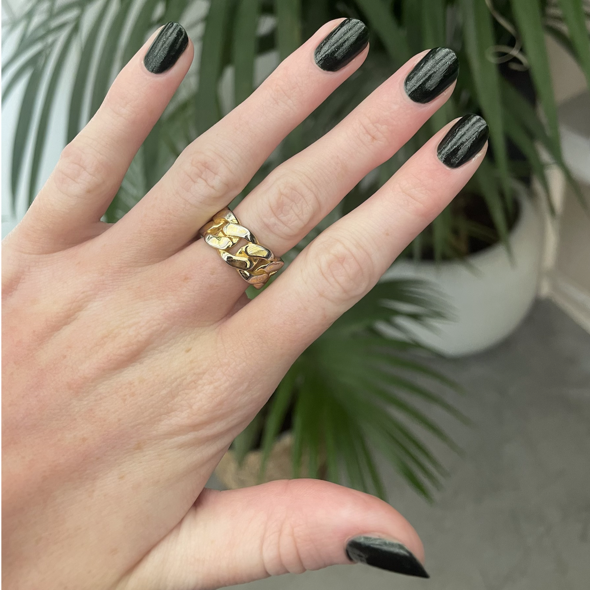 Une main avec du vernis à ongles noir et une bague dorée ornée d’un cœur est levée devant des plantes vertes feuillues et un pot blanc.