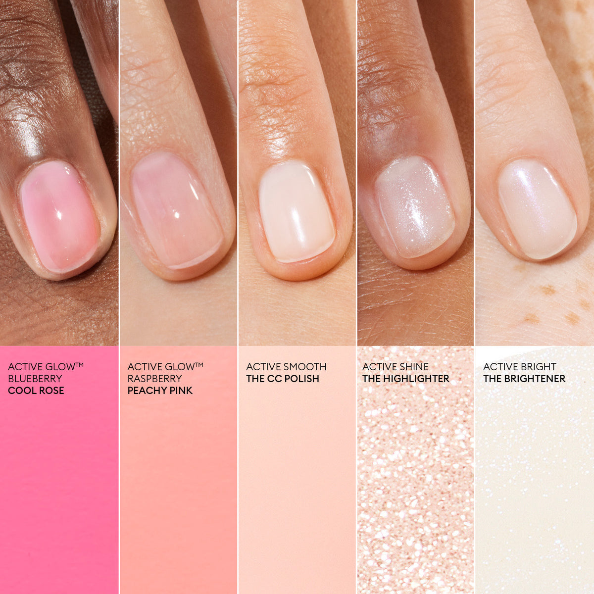 Five close-up shots of fingers with various shades from sheer pink to shimmery white, each labeled with its name and color swatch—showcasing the Super Ultimate Active Manicure Kit by Manucurist, perfect for your next professional nail look.