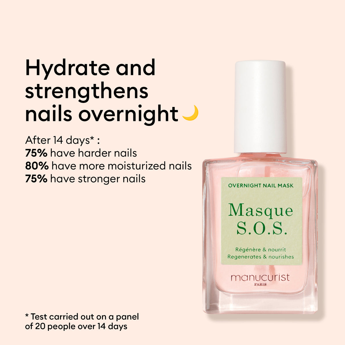 A pink bottle of Manucurist Stronger Nails Duo is shown, with text highlighting its nail care benefits—hydrating and repairing nails overnight, plus stats on improved moisture, strength, and hardness after 14 days.