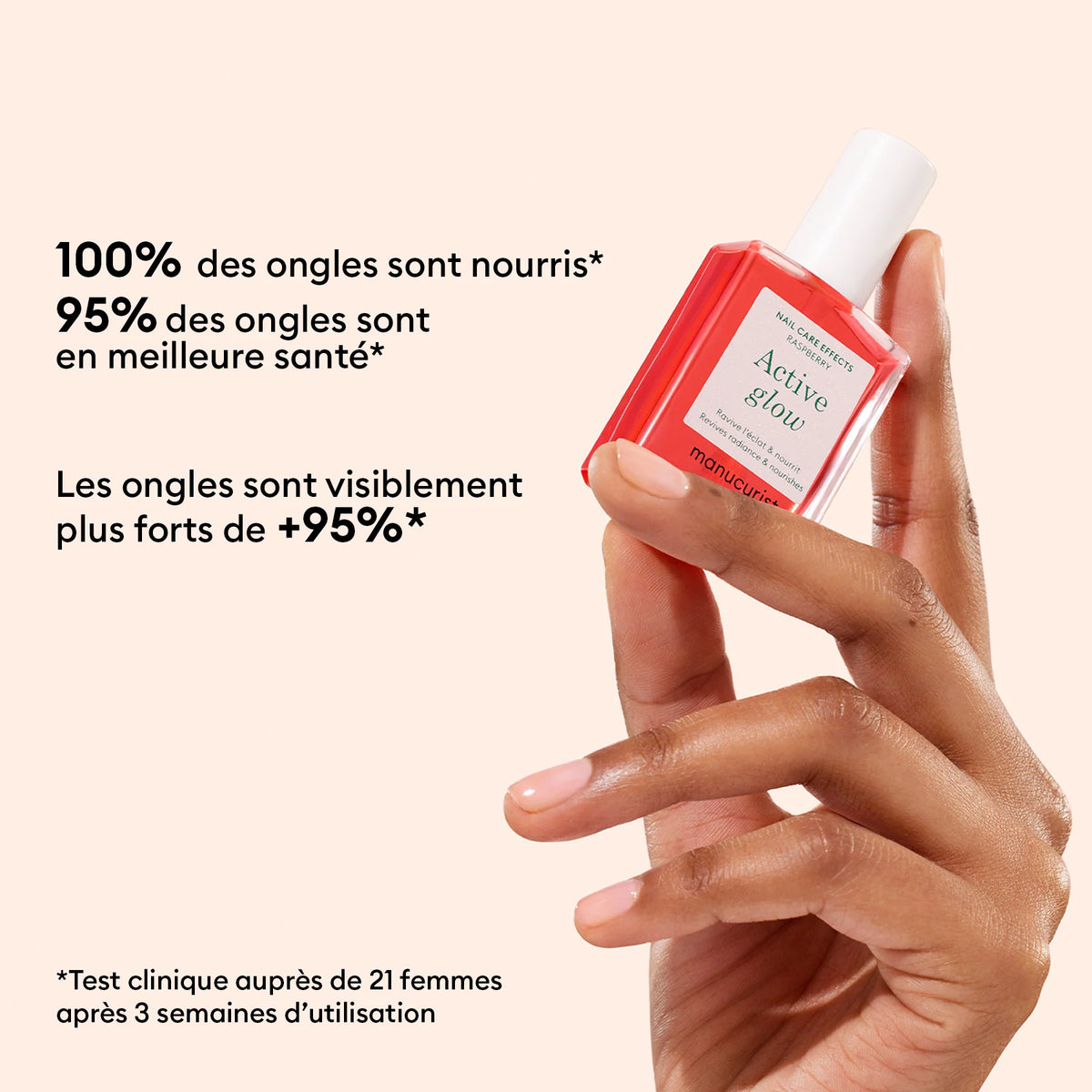 A manicured hand holds a pink bottle of Manucurist Strong Glow Trio. French text claims nourished, healthier, and stronger nails after three weeks of use in a clinical test with 21 women.