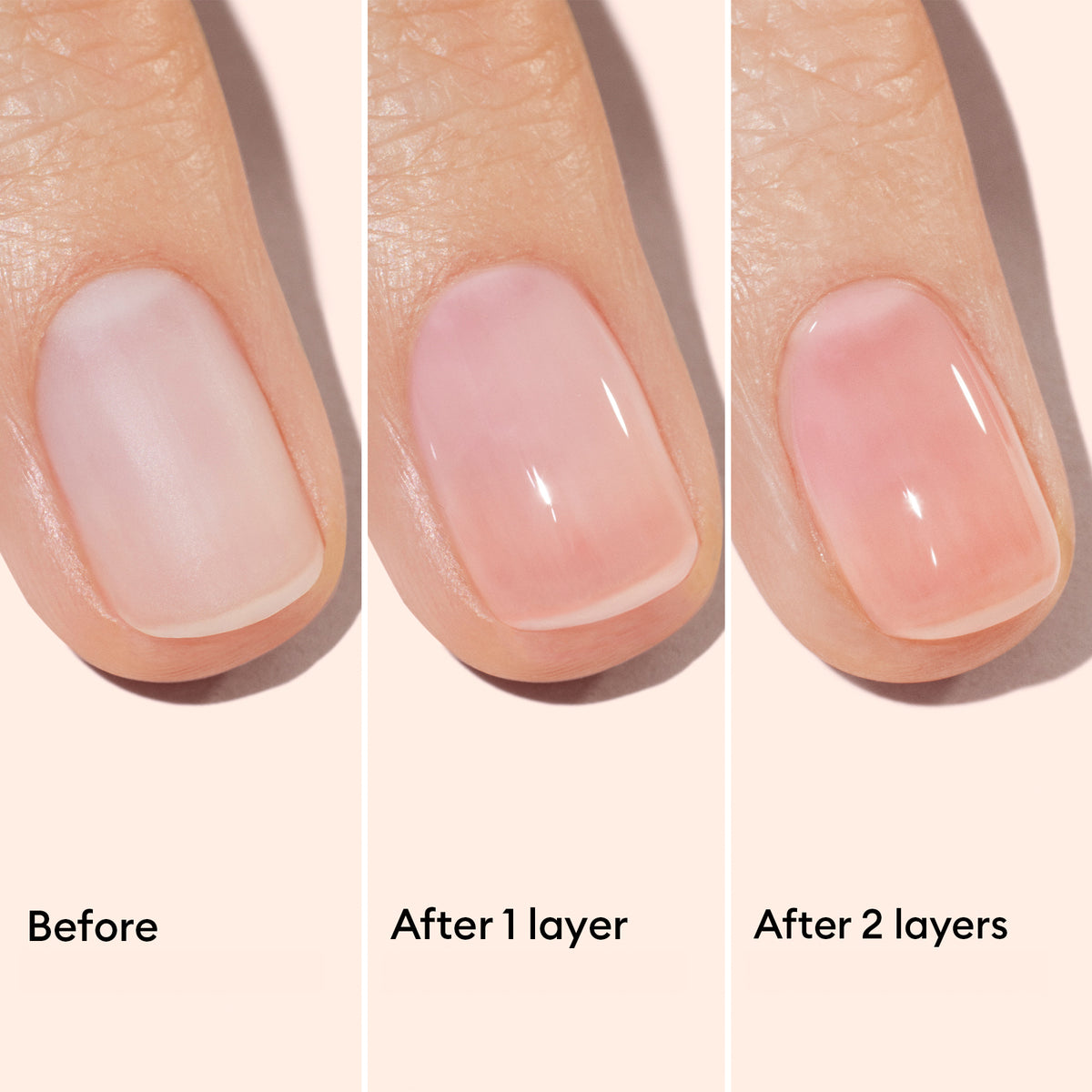 Close-up of a fingernail in three stages using Manucurist Strong Glow Trio: bare nail (Before), after one pinkish translucent layer (After 1 layer), and after two layers (After 2 layers)—a simple routine for damaged nails.