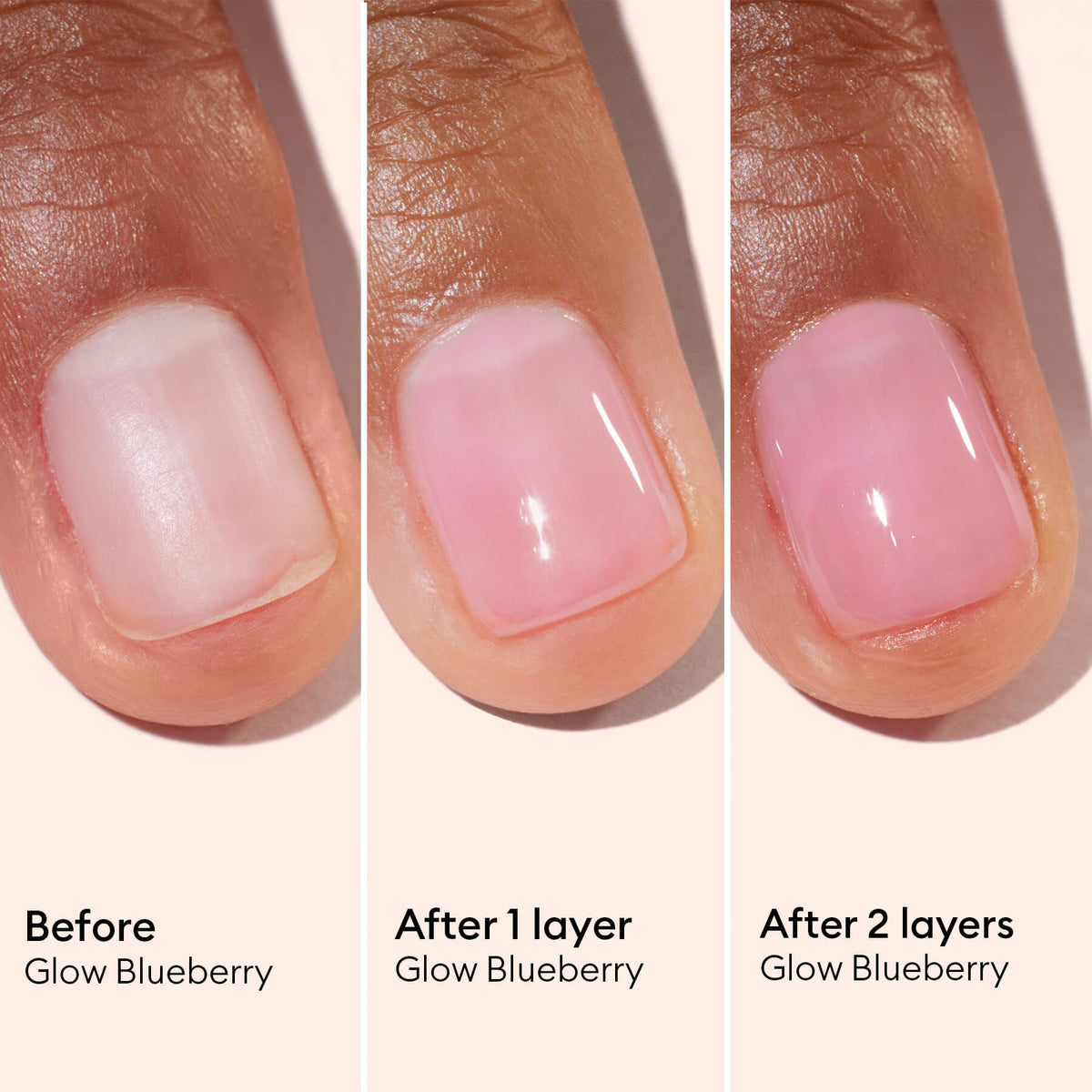 Three close-up images of a fingernail show its transformation: the bare nail, the nail after one layer of Manucurist Active™ Glow Blueberry, and the nail with two layers. Labels indicate Before, After 1 layer, and After 2 layers. This visual highlights how thoughtful nail care with this plant-based enhancer creates a naturally beautiful finish.