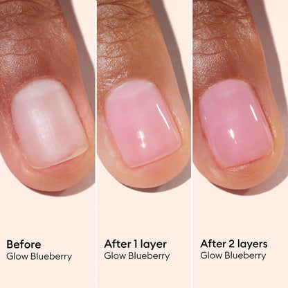Three close-up images of a fingernail show its transformation: the bare nail, the nail after one layer of Manucurist Active™ Glow Blueberry, and the nail with two layers. Labels indicate Before, After 1 layer, and After 2 layers. This visual highlights how thoughtful nail care with this plant-based enhancer creates a naturally beautiful finish.
