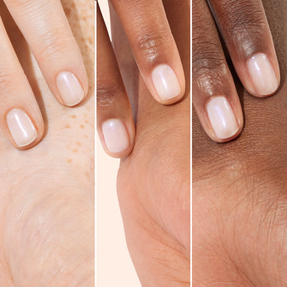 Three close-up images side by side show hands with Manucurist’s Active™ Bright, a light pink, bio-based nail polish, on nails of various skin tones—light, medium, and dark—highlighting inclusive nail care for everyone.