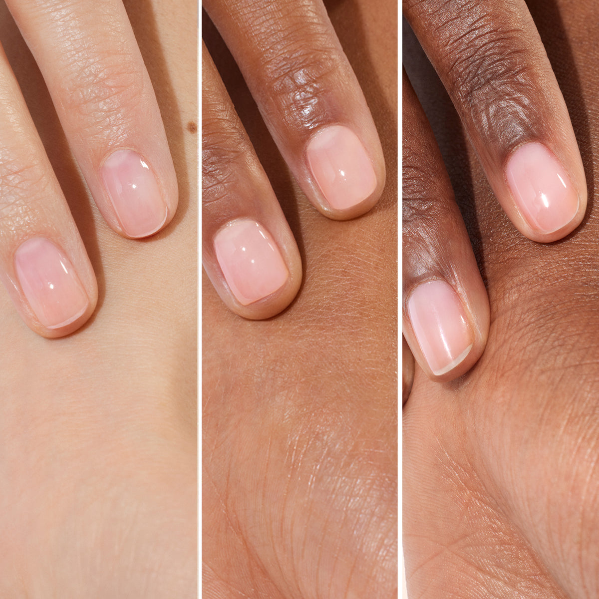 Three close-up images of hands with different skin tones, each showcasing neatly manicured nails adorned with Manucurist’s Active™ Glow Raspberry—a sheer, natural pink polish—beautifully representing nail care and nourishment for everyone.