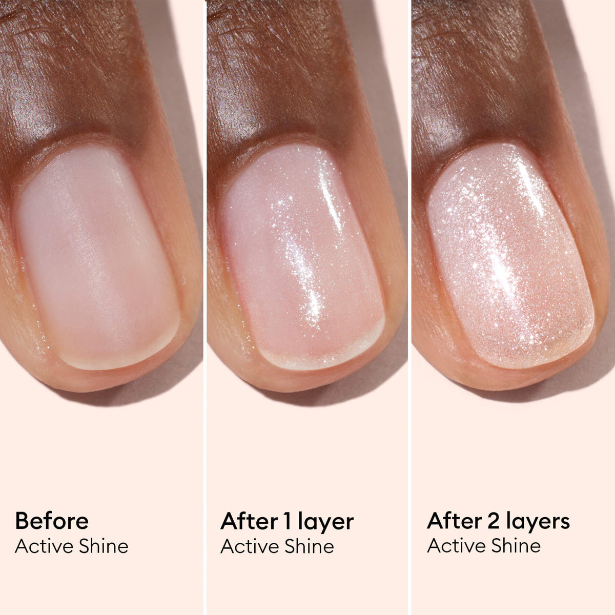 A three-panel image displays a nail before polish, after one coat of Manucurist Active™ Shine Opal (a pink shimmery plant-based nail polish), and after two coats—showing progressively more shine and sparkle. Text reads: Before, After 1 coat, and After 2 coats (Active™ Shine Opal)—for luminous nails that become stronger with mindful care.